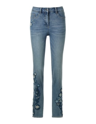 Schlanke Jeans mit Stickerei und Ziersteinen